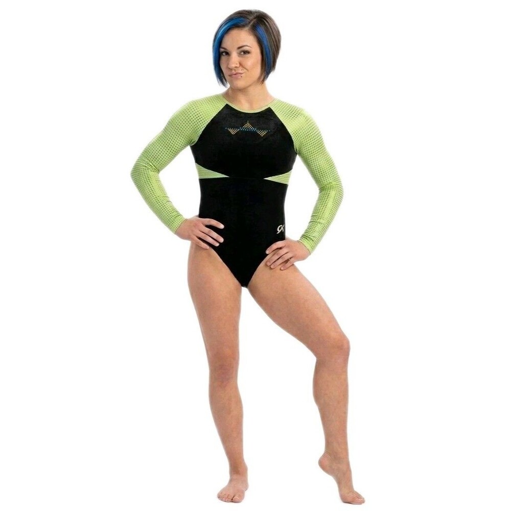 GK Elite VTG Lime Green Bling Sassy Metallic LS Black Velvet Logo Leotard AL